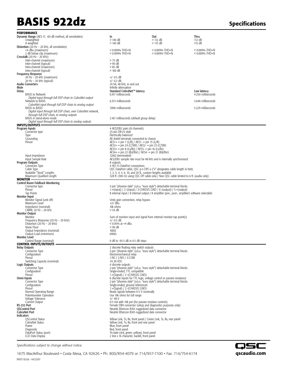 Basis 922dz, Specifications | QSC Audio 922dz User Manual | Page 2 / 2