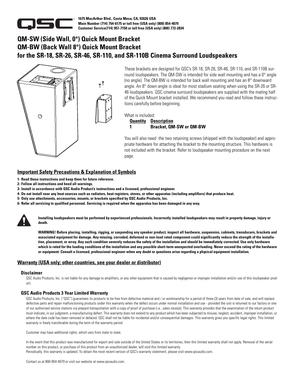 QSC Audio SR-110B User Manual | 10 pages