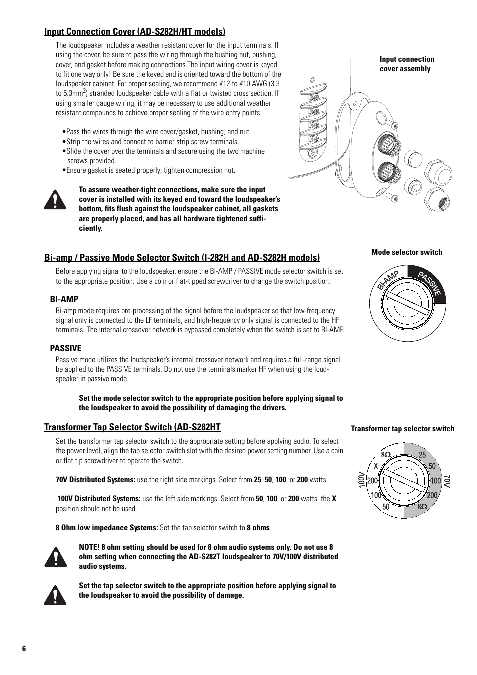 Input connection cover (ad-s282h/ht models), Transformer tap selector switch (ad-s282ht | QSC Audio AD-S282H User Manual | Page 6 / 16