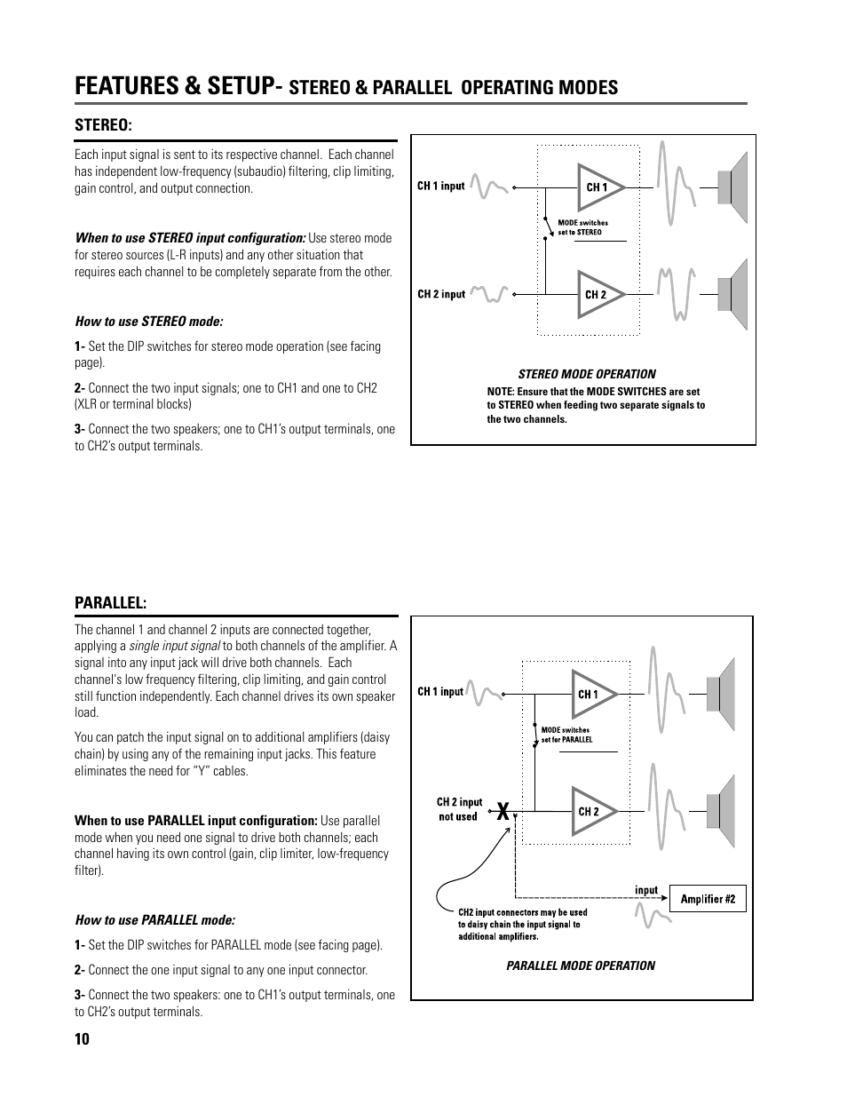 Features & setup, Stereo & parallel operating modes | QSC Audio ISA 500T User Manual | Page 10 / 40