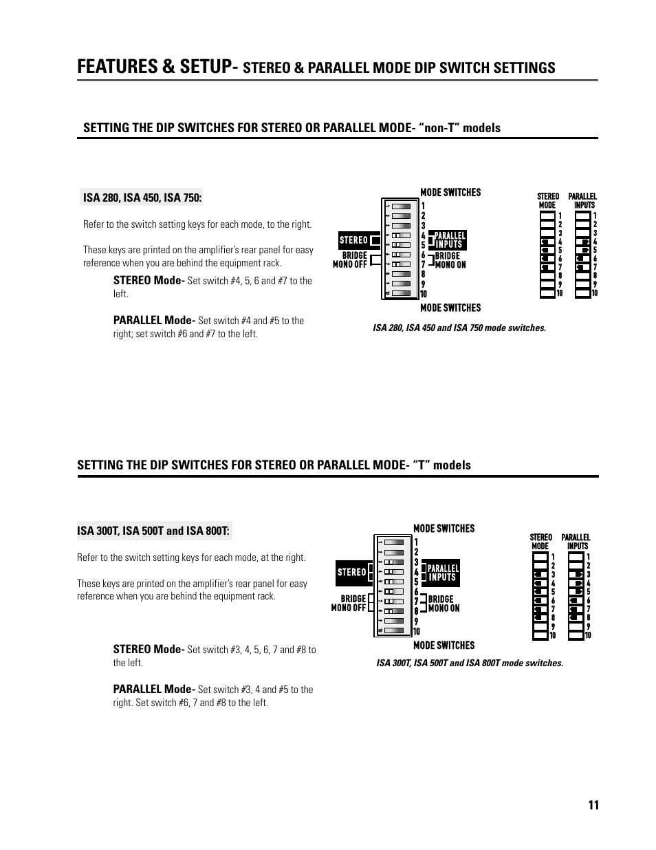 Features & setup, Stereo & parallel mode dip switch settings | QSC Audio ISA 500T User Manual | Page 11 / 40