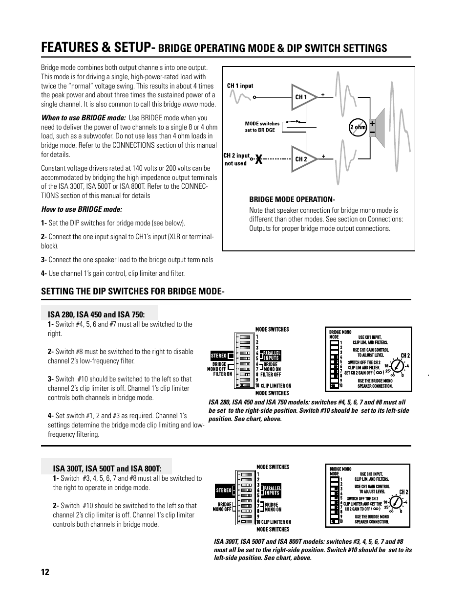 Features & setup, Bridge operating mode & dip switch settings | QSC Audio ISA 500T User Manual | Page 12 / 40