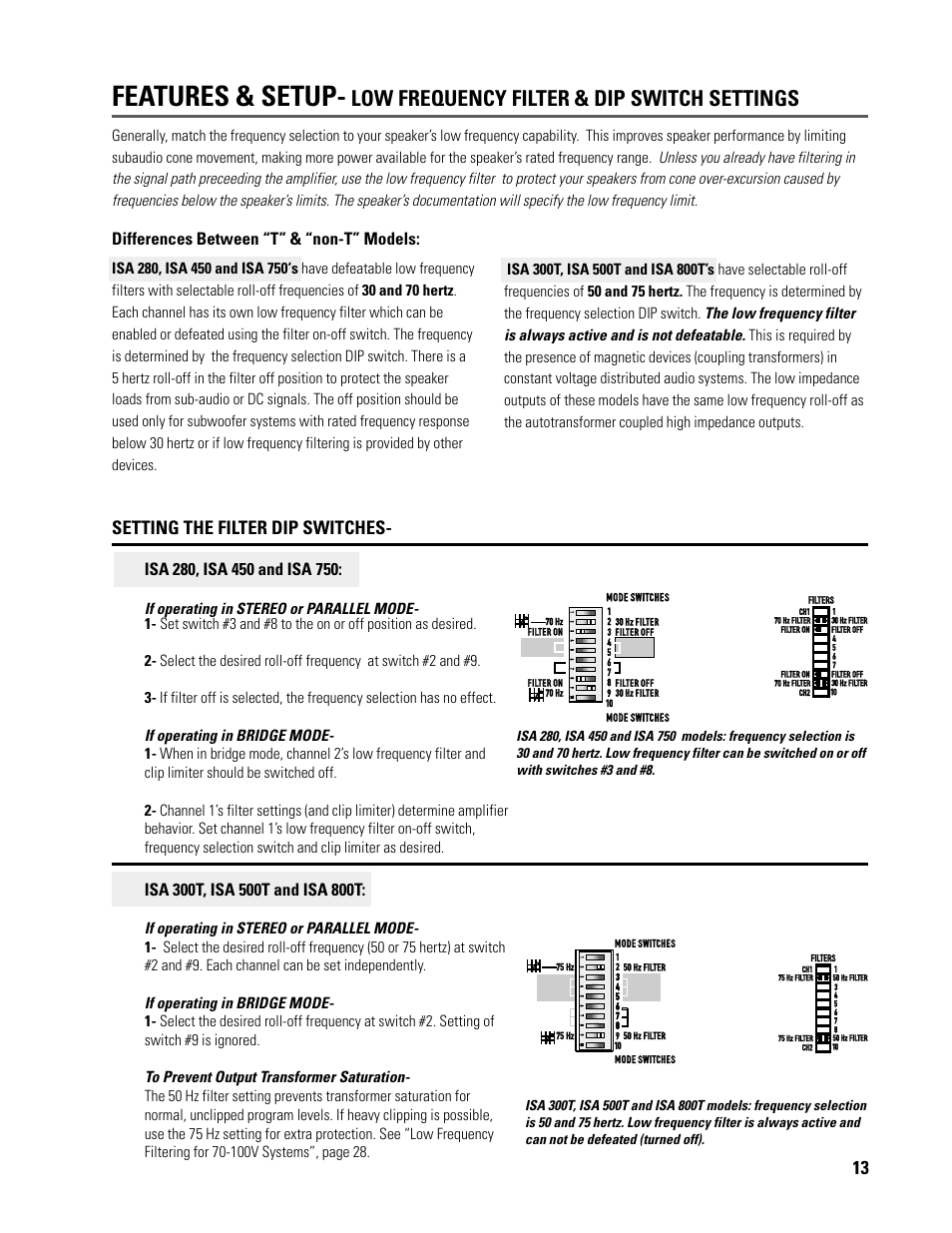 Features & setup, Low frequency filter & dip switch settings | QSC Audio ISA 500T User Manual | Page 13 / 40