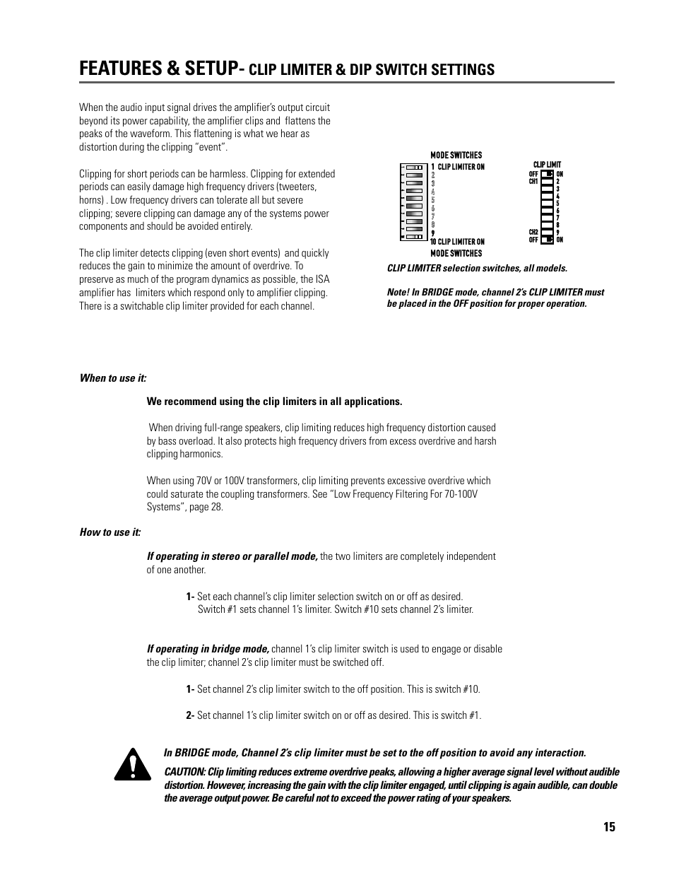 Features & setup, Clip limiter & dip switch settings | QSC Audio ISA 500T User Manual | Page 15 / 40