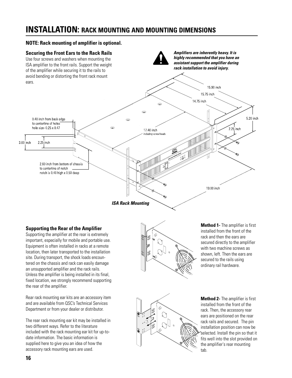 Installation, Rack mounting and mounting dimensions | QSC Audio ISA 500T User Manual | Page 16 / 40