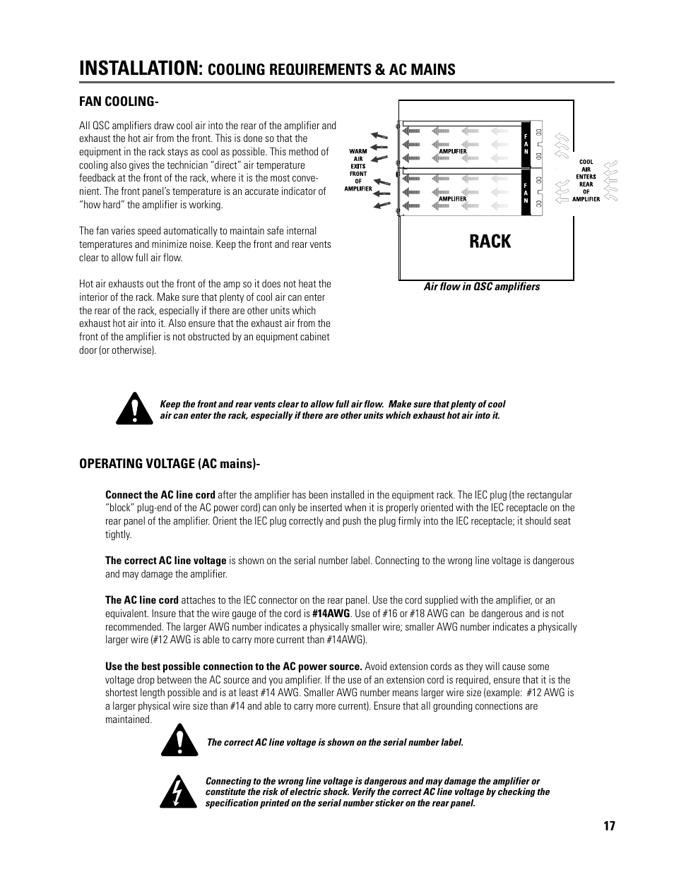 Installation, Cooling requirements & ac mains | QSC Audio ISA 500T User Manual | Page 17 / 40