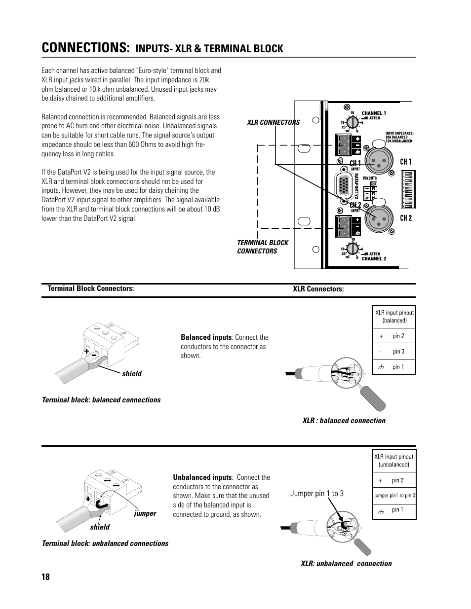 Connections, Inputs, Xlr & terminal block | QSC Audio ISA 500T User Manual | Page 18 / 40