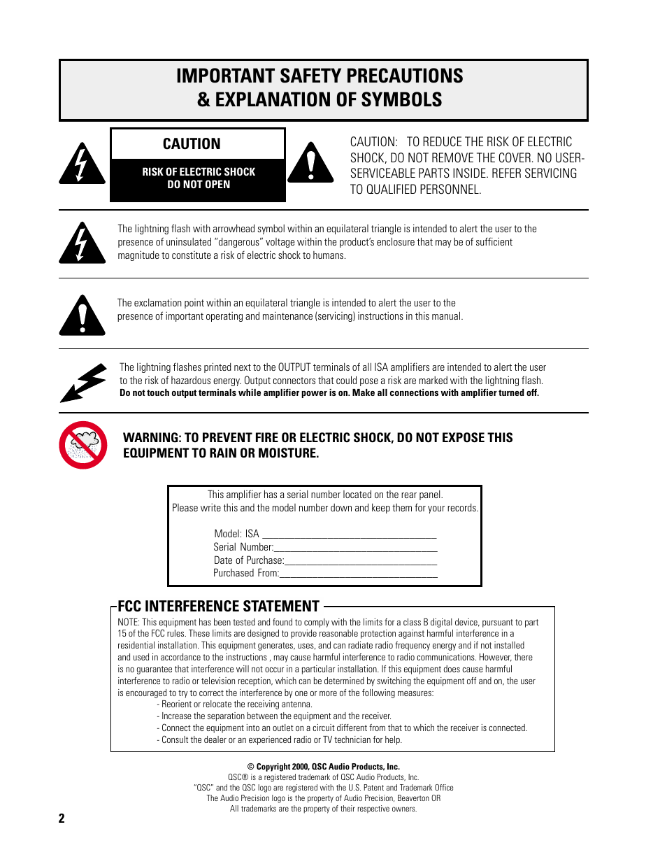 Fcc interference statement, Caution | QSC Audio ISA 500T User Manual | Page 2 / 40