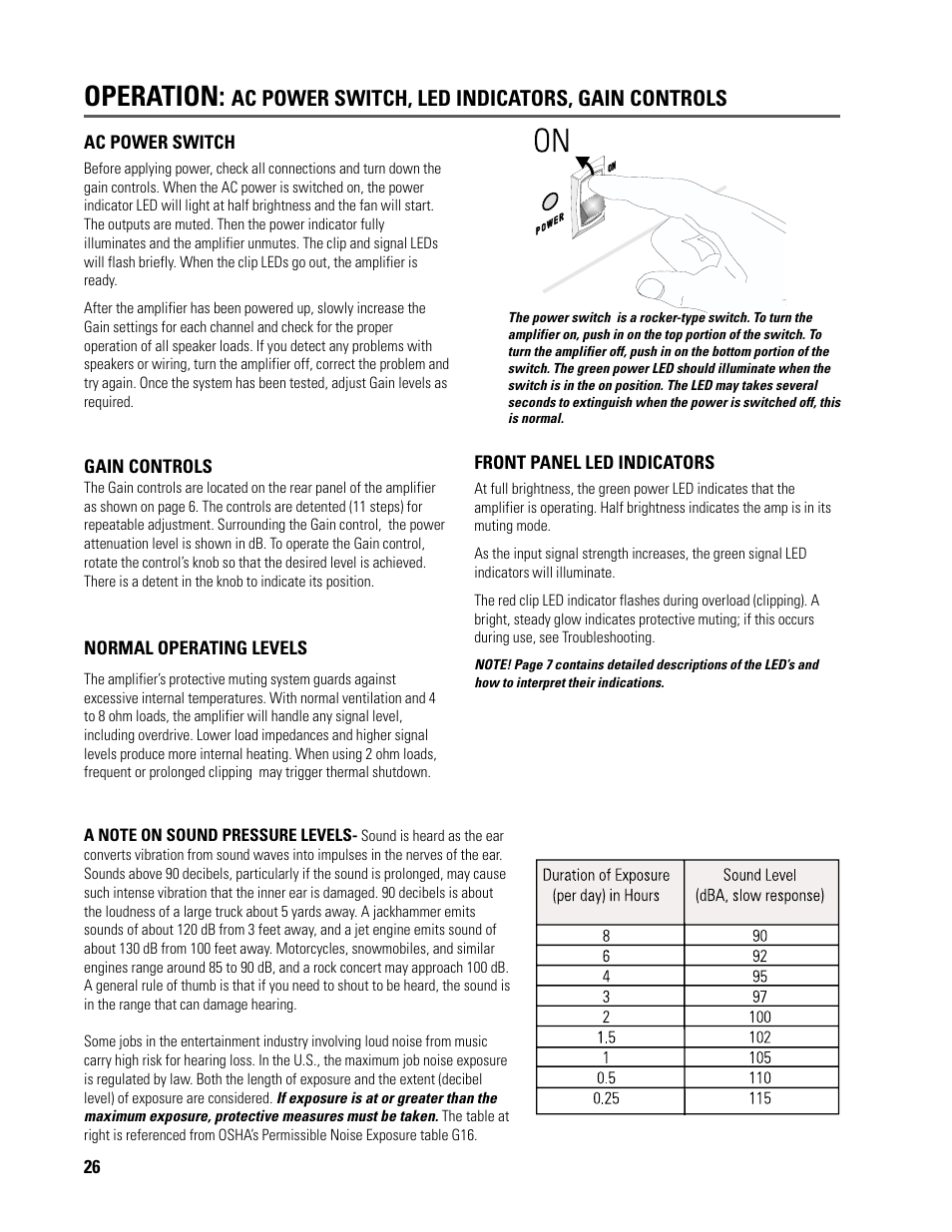 Operation, Ac power switch, led indicators, gain controls | QSC Audio ISA 500T User Manual | Page 26 / 40