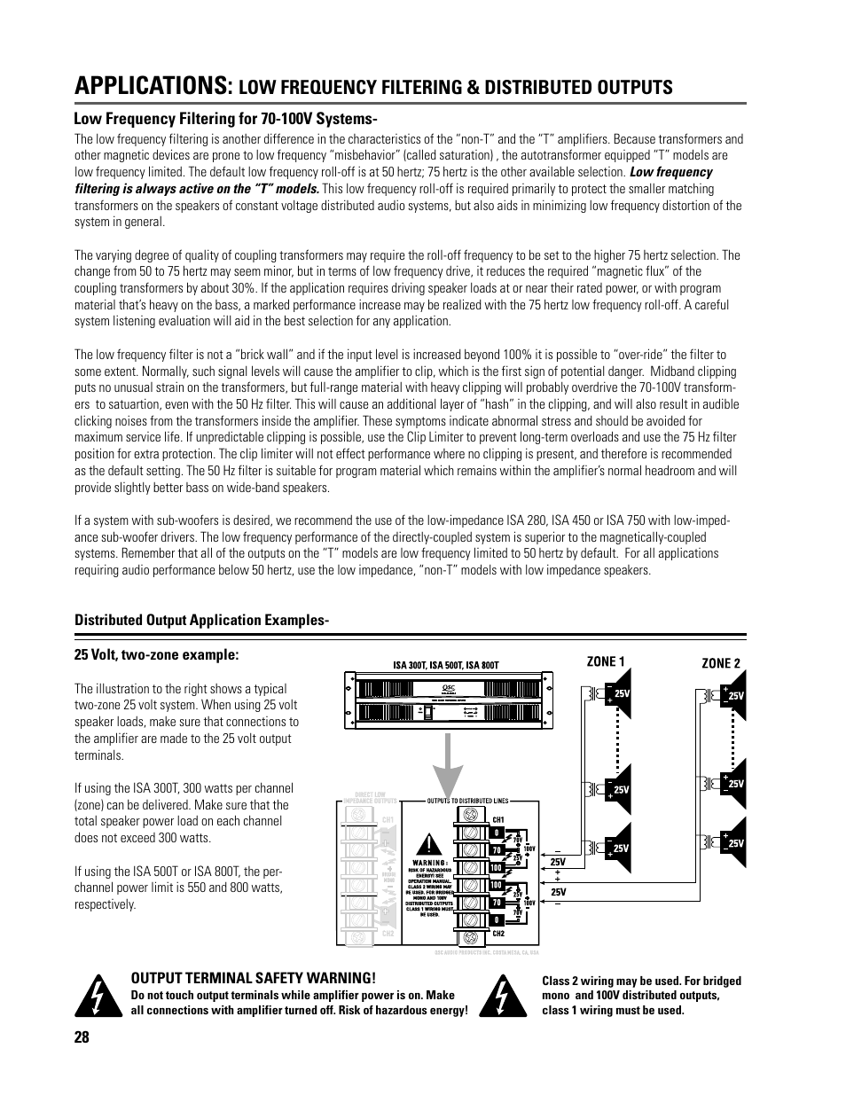 Applications, Low frequency filtering & distributed outputs | QSC Audio ISA 500T User Manual | Page 28 / 40