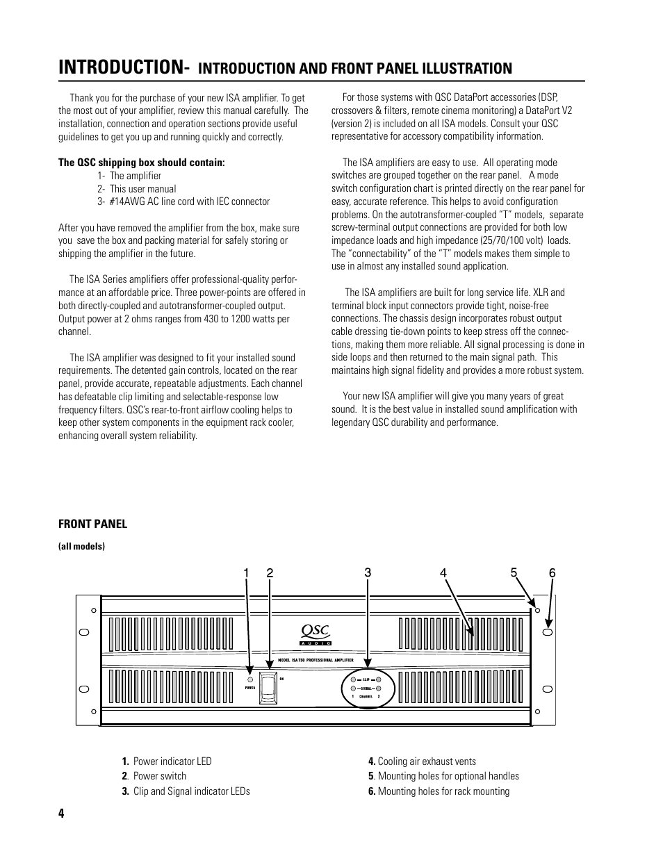 Introduction, Introduction and front panel illustration | QSC Audio ISA 500T User Manual | Page 4 / 40