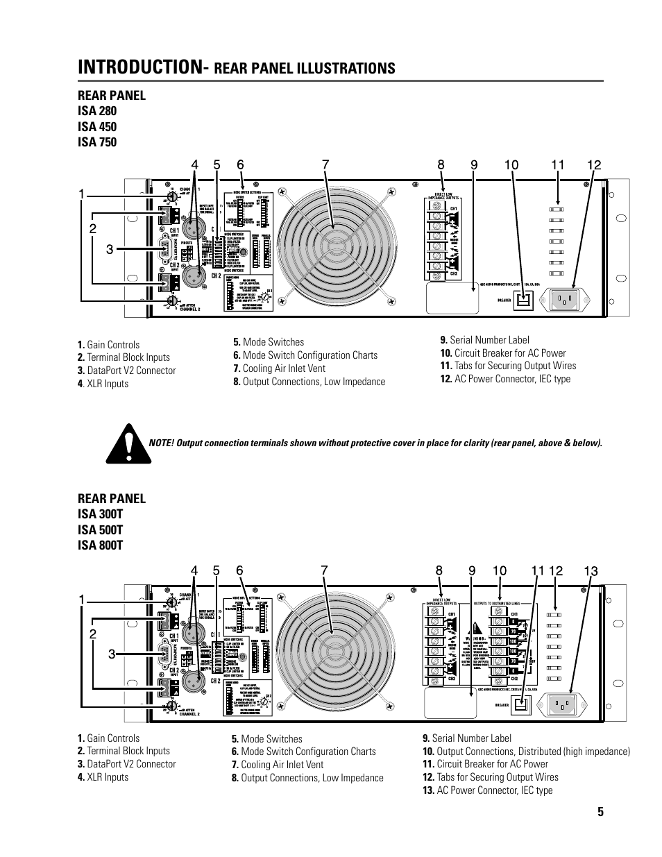 Introduction, Rear panel illustrations | QSC Audio ISA 500T User Manual | Page 5 / 40