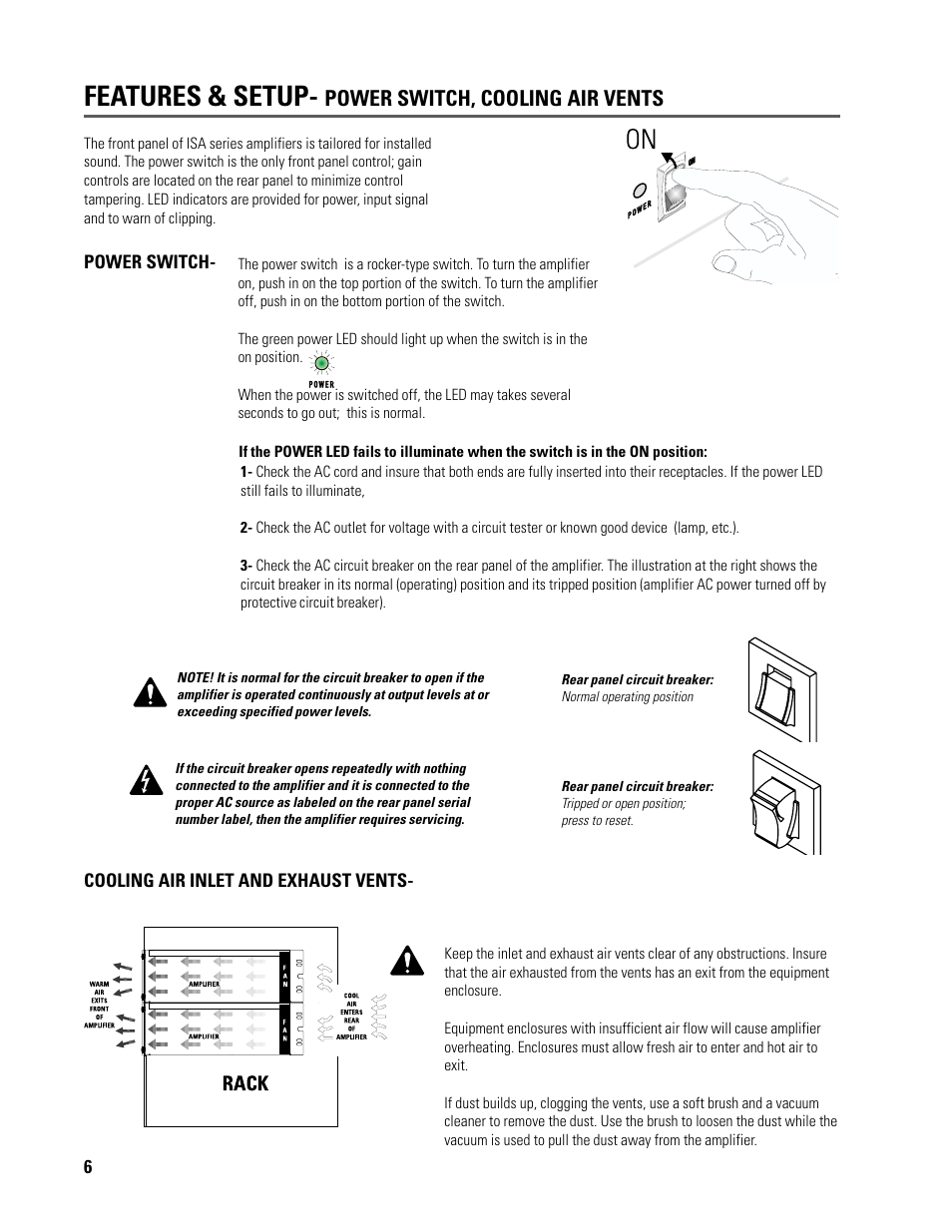 Features & setup, Power switch, cooling air vents | QSC Audio ISA 500T User Manual | Page 6 / 40