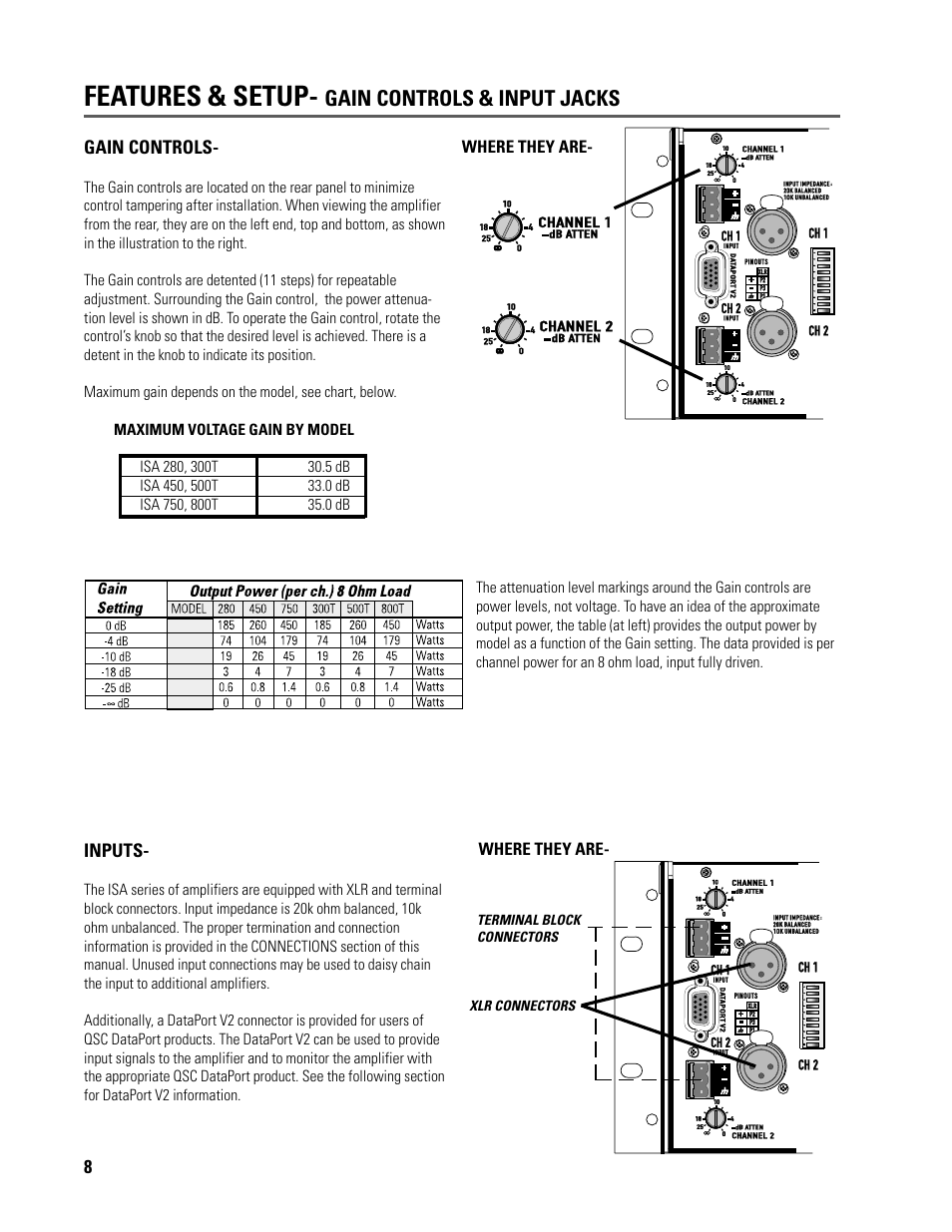 Features & setup, Gain controls & input jacks | QSC Audio ISA 500T User Manual | Page 8 / 40