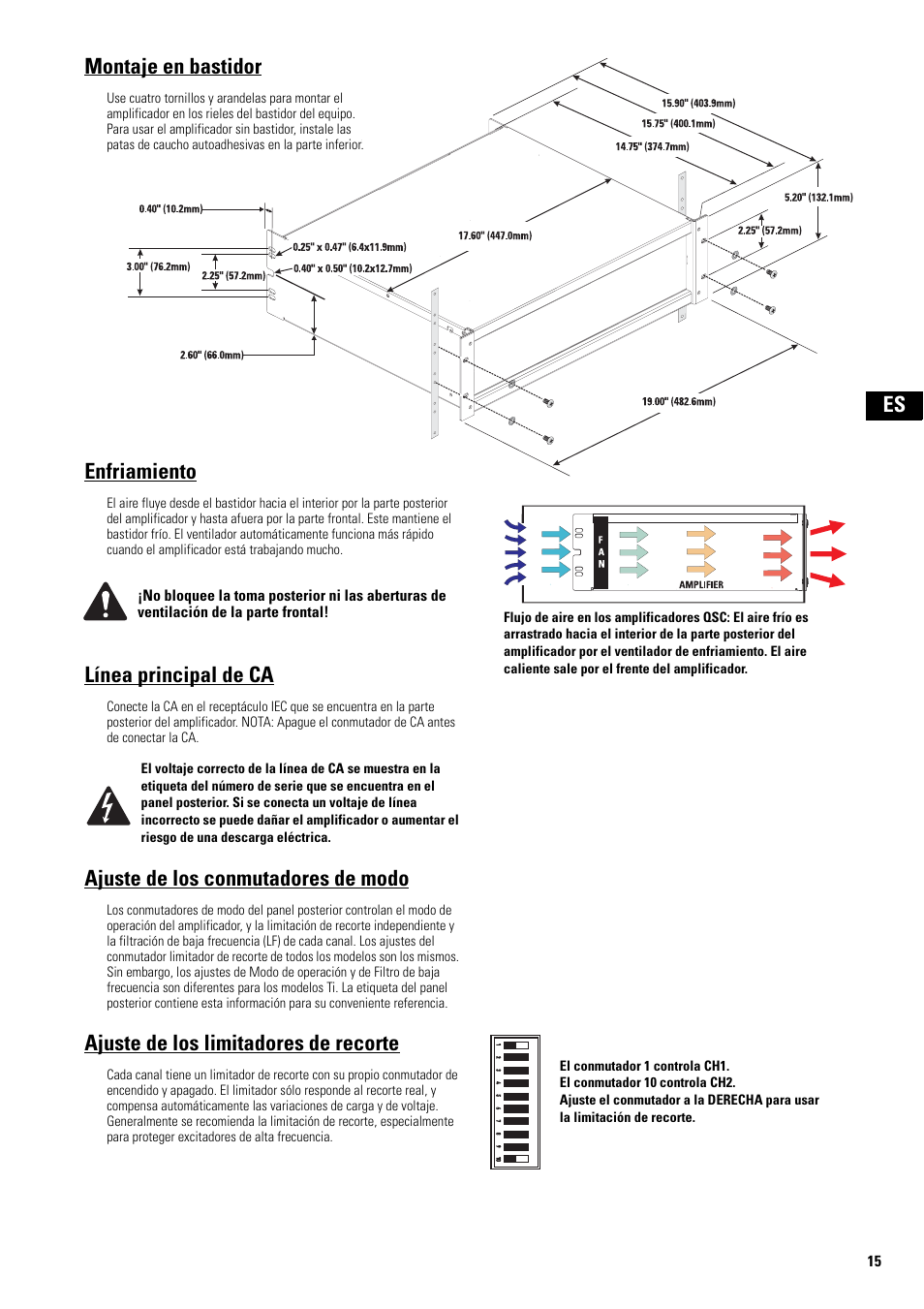 Montaje en bastidor, Enfriamiento, Línea principal de ca | Ajuste de los conmutadores de modo, Ajuste de los limitadores de recorte, El conmutador 1 controla ch1, El conmutador 10 controla ch2 | QSC Audio SA 1350 User Manual | Page 15 / 56