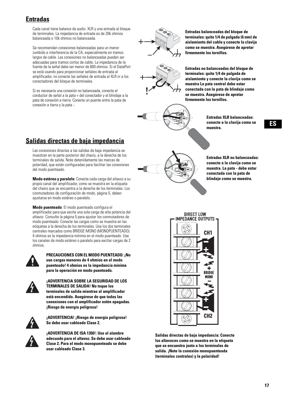 Entradas, Salidas directas de baja impedancia | QSC Audio SA 1350 User Manual | Page 17 / 56