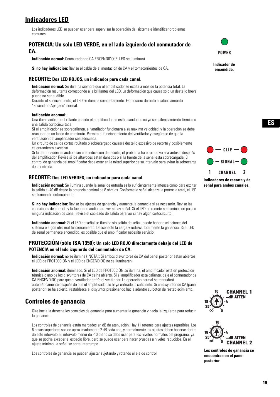 Indicadores led, Controles de ganancia, Indicador de encendido | QSC Audio SA 1350 User Manual | Page 19 / 56