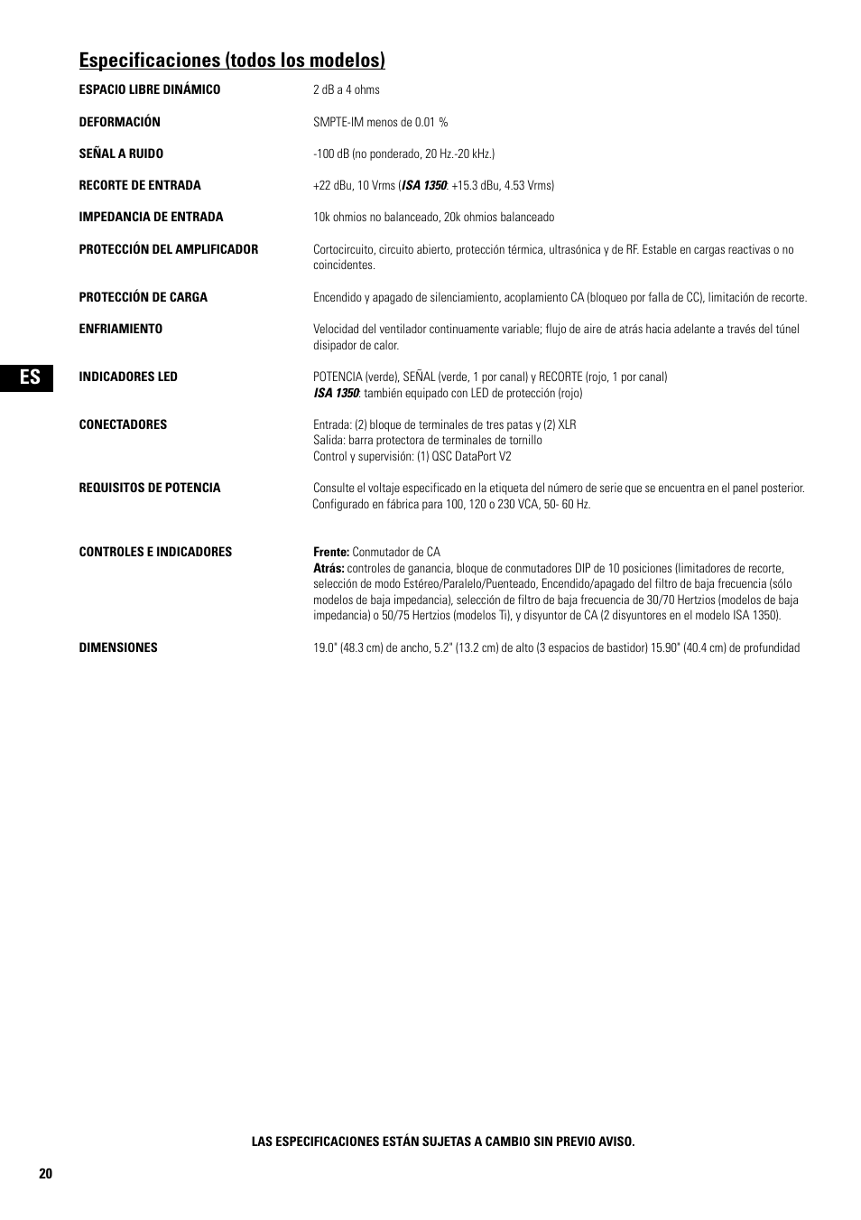 Especificaciones (todos los modelos) | QSC Audio SA 1350 User Manual | Page 20 / 56