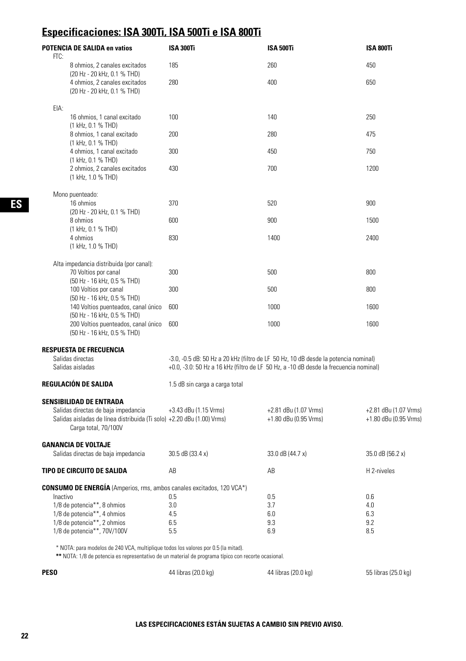 Especificaciones: isa 300ti, isa 500ti e isa 800ti | QSC Audio SA 1350 User Manual | Page 22 / 56