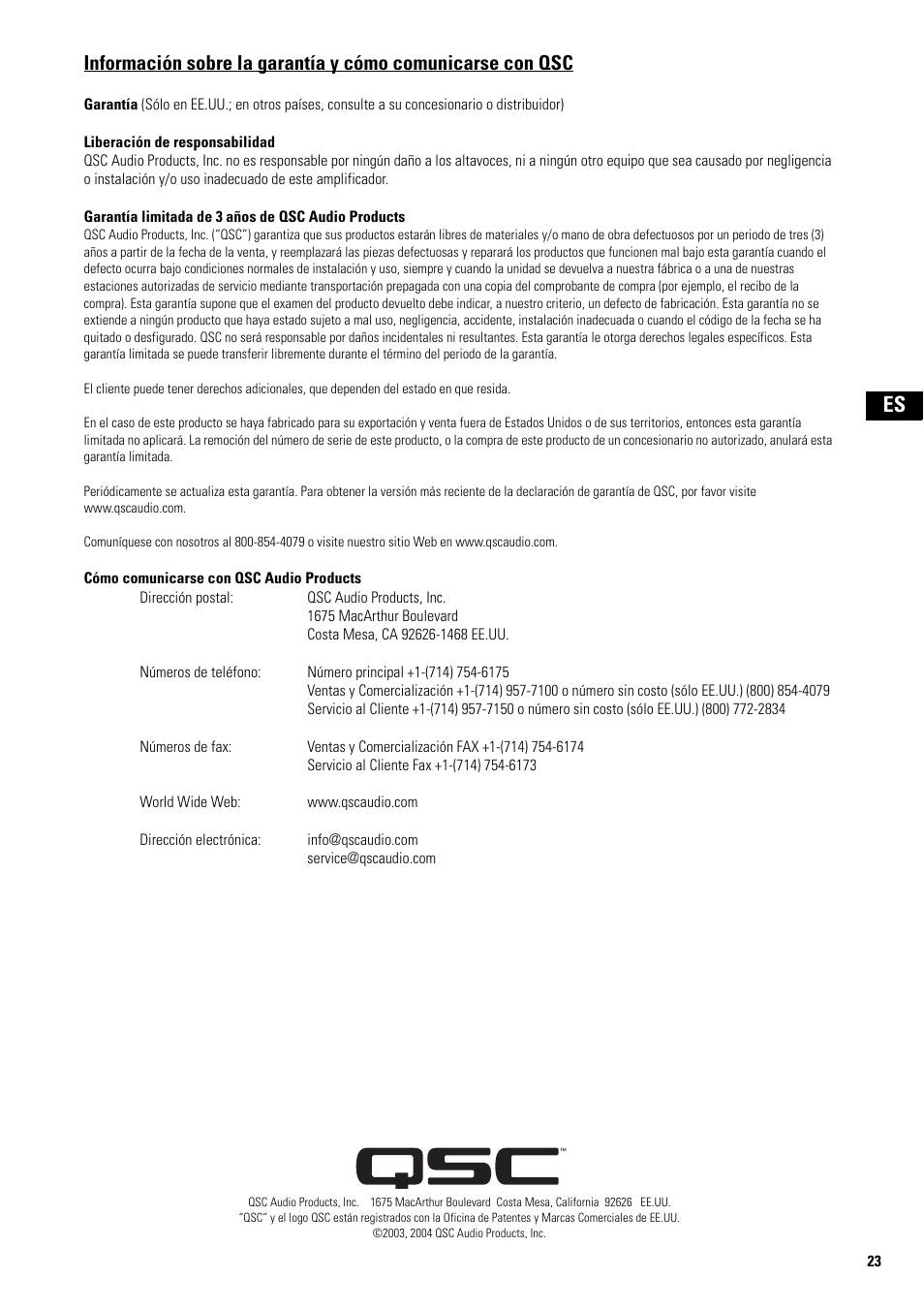 Garantía limitada de 3 años de qsc audio products | QSC Audio SA 1350 User Manual | Page 23 / 56
