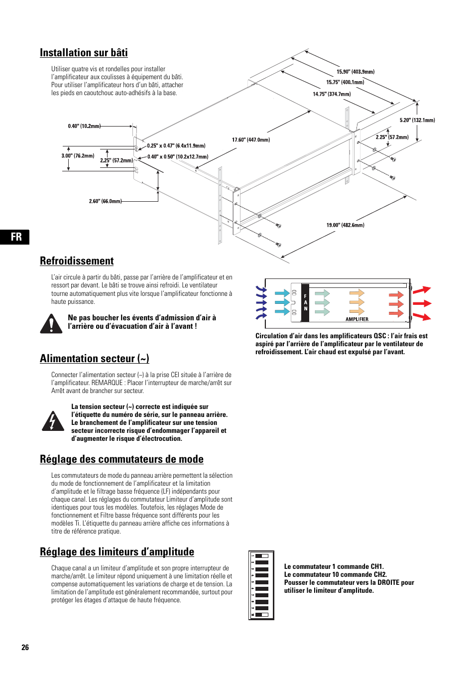 Installation sur bâti, Refroidissement, Alimentation secteur (~) | Réglage des commutateurs de mode, Réglage des limiteurs d’amplitude, Le commutateur 1 commande ch1, Le commutateur 10 commande ch2 | QSC Audio SA 1350 User Manual | Page 26 / 56