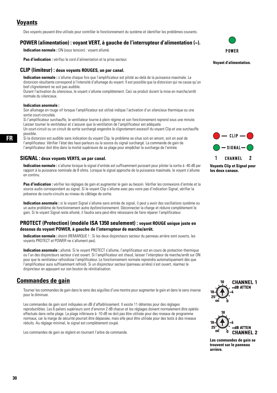 Voyants, Signal : deux voyants verts, un par canal, Commandes de gain | Voyants clip et signal pour les deux canaux, Voyant d’alimentation | QSC Audio SA 1350 User Manual | Page 30 / 56