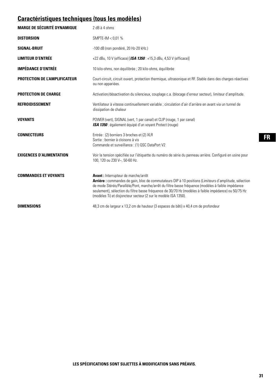 Caractéristiques techniques (tous les modèles) | QSC Audio SA 1350 User Manual | Page 31 / 56