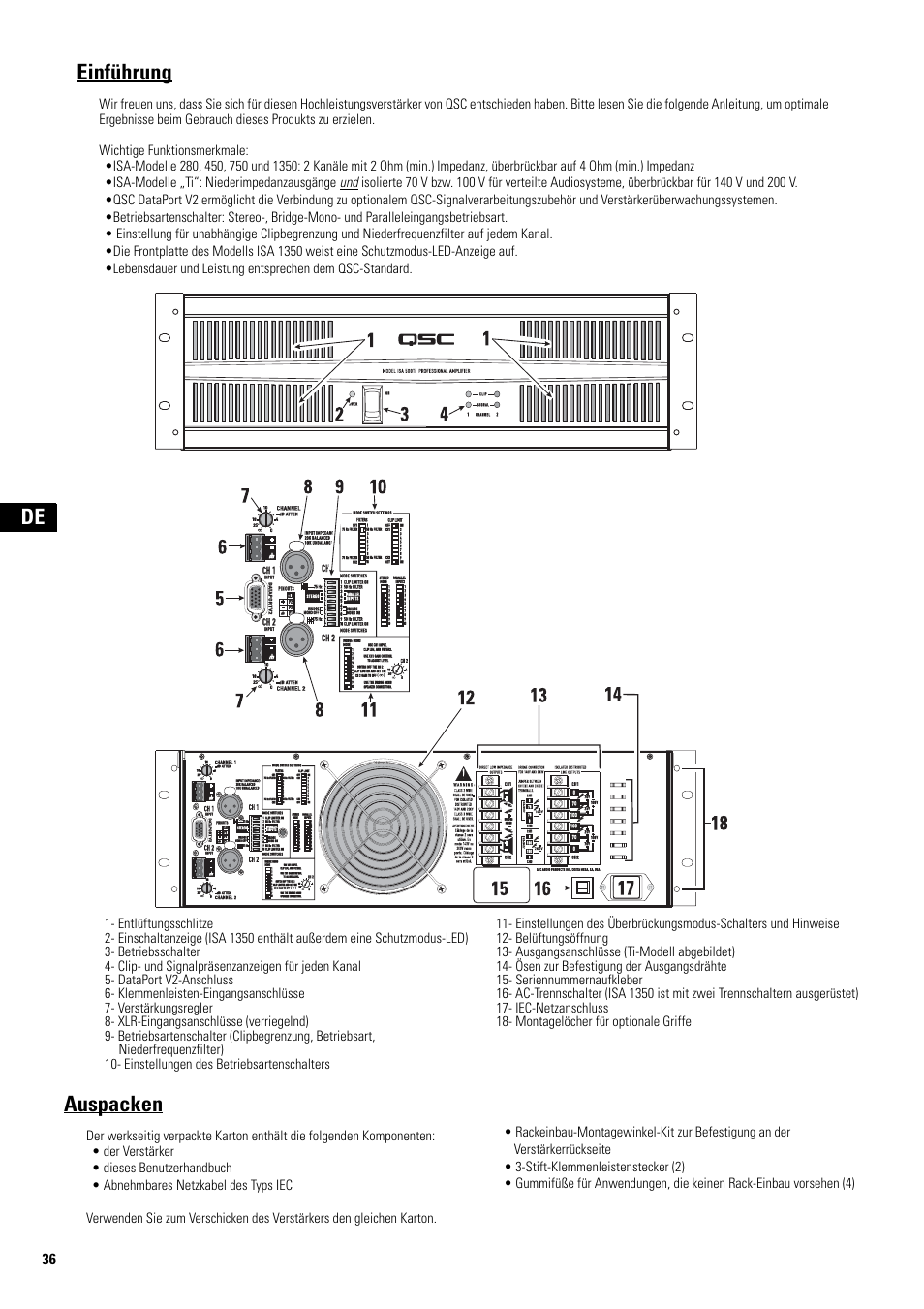 Einführung, Auspacken | QSC Audio SA 1350 User Manual | Page 36 / 56