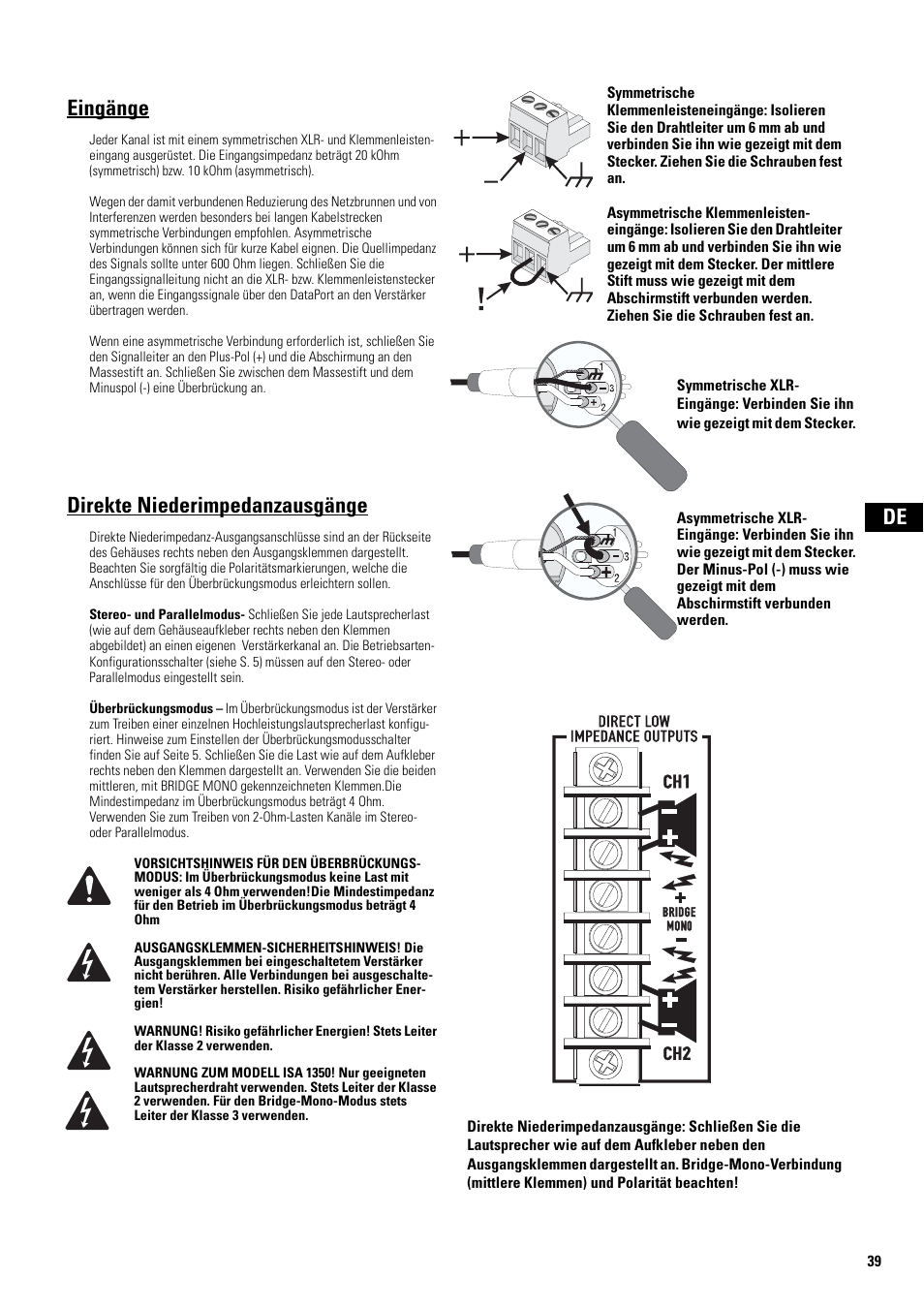 Eingänge, Direkte niederimpedanzausgänge | QSC Audio SA 1350 User Manual | Page 39 / 56