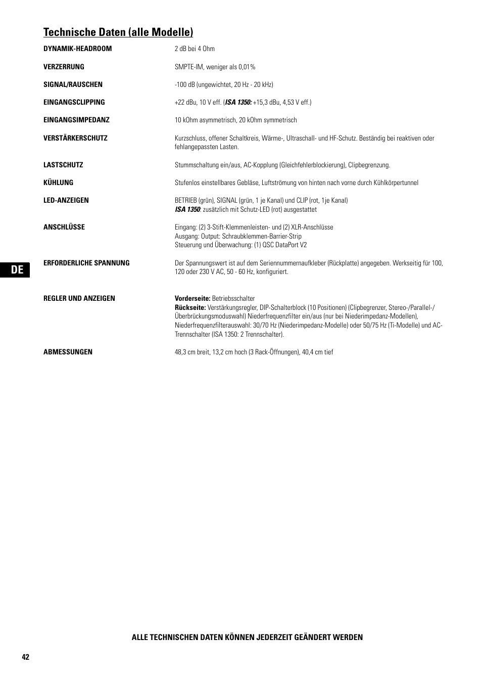 Technische daten (alle modelle) | QSC Audio SA 1350 User Manual | Page 42 / 56