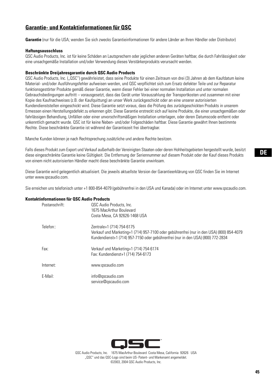 Garantie- und kontaktinformationen für qsc | QSC Audio SA 1350 User Manual | Page 45 / 56