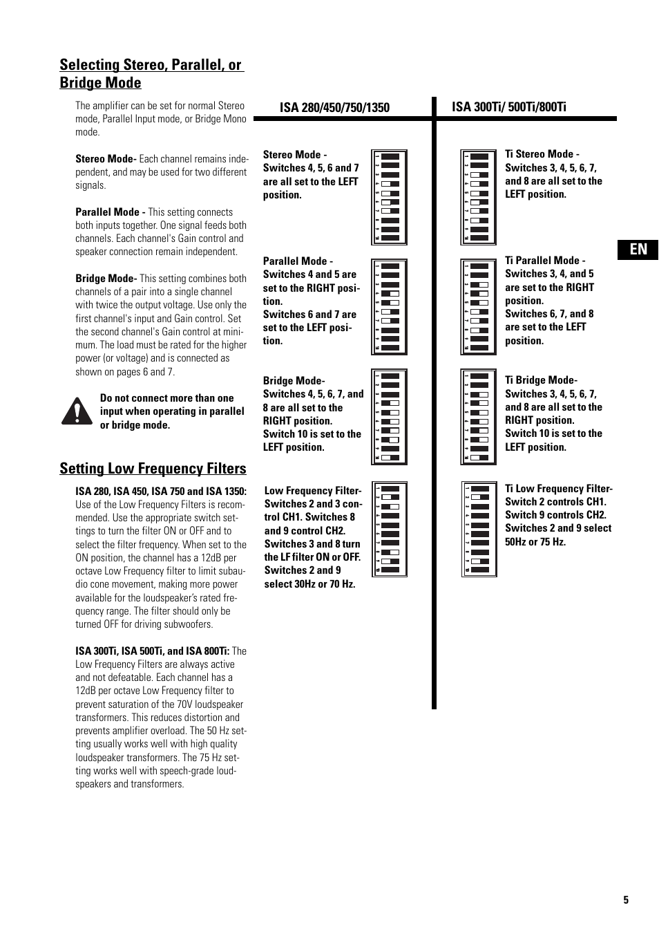 Selecting stereo, parallel, or bridge mode, Setting low frequency filters, Low frequency filter | Isa 280/450/750/1350, Isa 300ti/ 500ti/800ti, Ti low frequency filter, Switch 2 controls ch1, Switch 9 controls ch2, Switches 2 and 9 select 50hz or 75 hz, En selecting stereo, parallel, or bridge mode | QSC Audio SA 1350 User Manual | Page 5 / 56