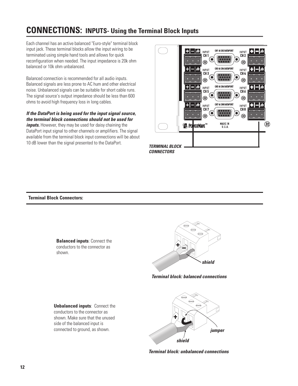 Connections, Inputs- using the terminal block inputs | QSC Audio CX168 User Manual | Page 12 / 36