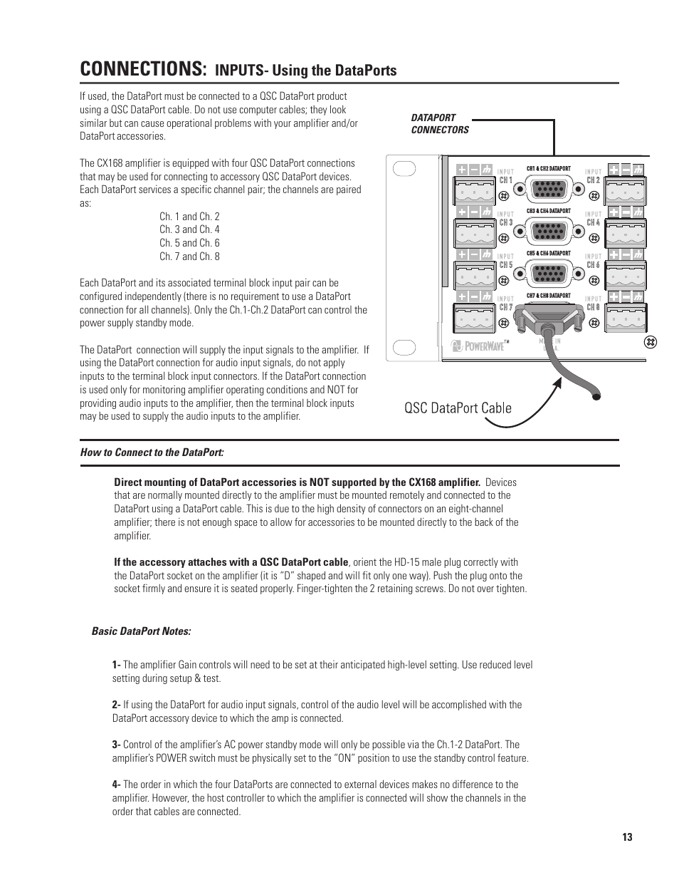 Connections, Inputs, Using the dataports | QSC Audio CX168 User Manual | Page 13 / 36