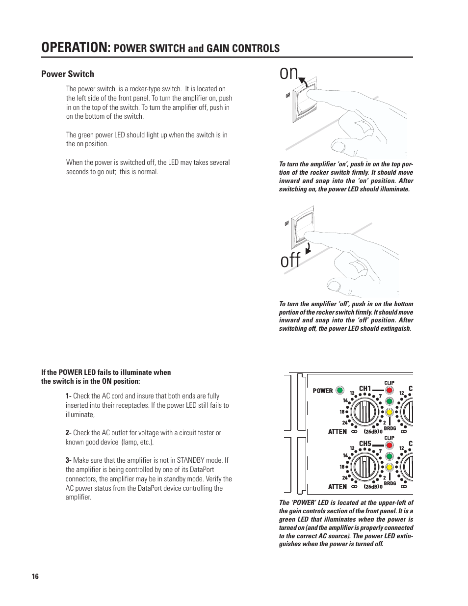 Operation, Power switch and gain controls | QSC Audio CX168 User Manual | Page 16 / 36