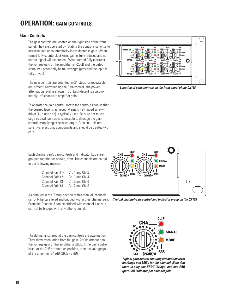 Operation, Gain controls | QSC Audio CX168 User Manual | Page 18 / 36