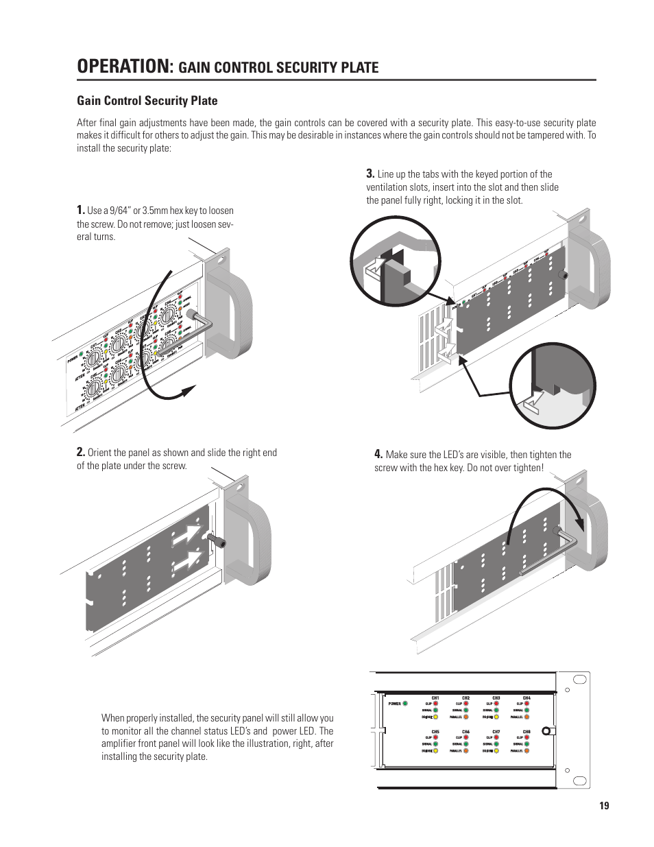 Operation, Gain control security plate | QSC Audio CX168 User Manual | Page 19 / 36