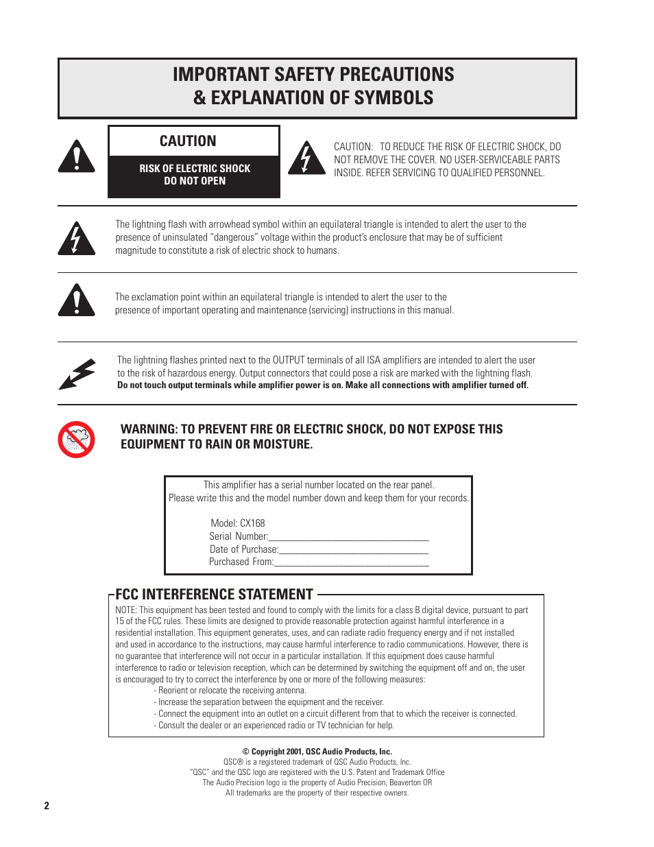 Fcc interference statement, Caution | QSC Audio CX168 User Manual | Page 2 / 36