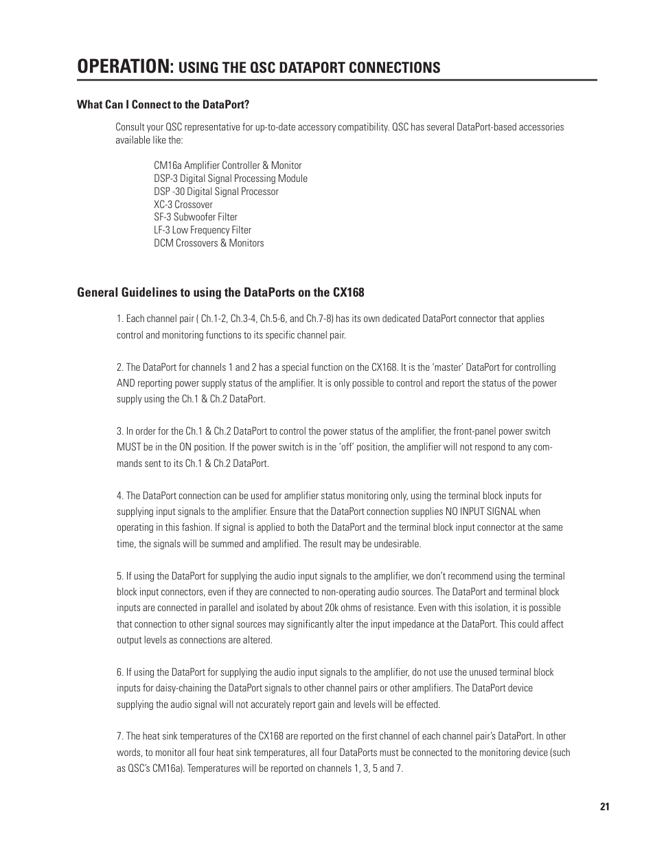 Operation, Using the qsc dataport connections | QSC Audio CX168 User Manual | Page 21 / 36