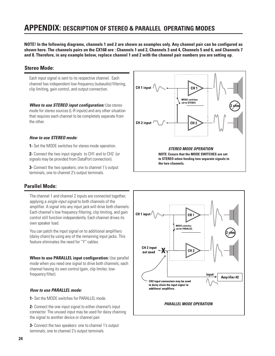 Appendix, Description of stereo & parallel operating modes | QSC Audio CX168 User Manual | Page 24 / 36