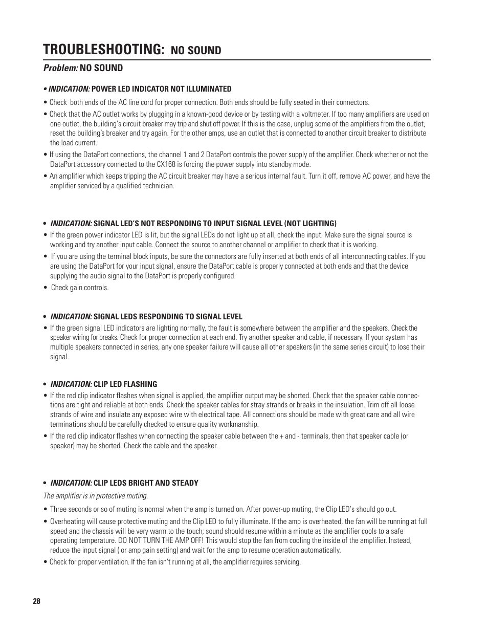 Troubleshooting, No sound | QSC Audio CX168 User Manual | Page 28 / 36