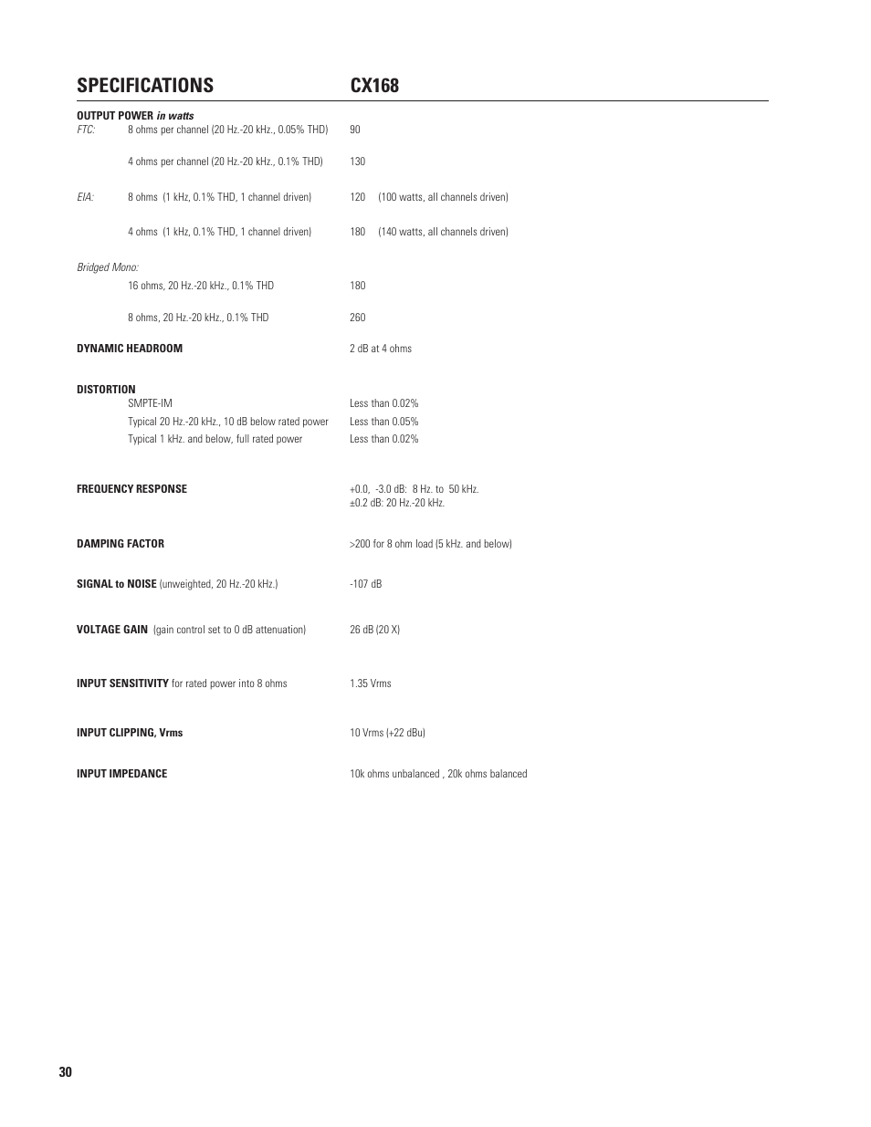 Specifications cx168 | QSC Audio CX168 User Manual | Page 30 / 36
