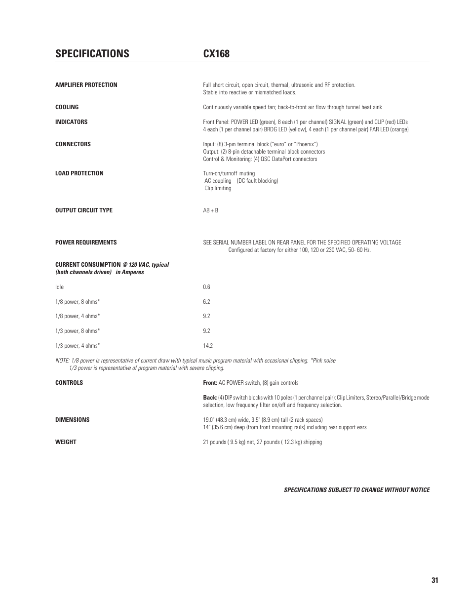 Specifications cx168 | QSC Audio CX168 User Manual | Page 31 / 36