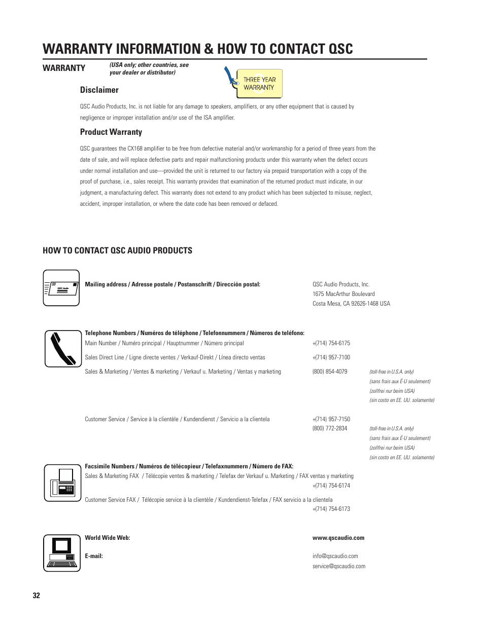 Warranty information & how to contact qsc, Disclaimer, Product warranty | Warranty how to contact qsc audio products | QSC Audio CX168 User Manual | Page 32 / 36