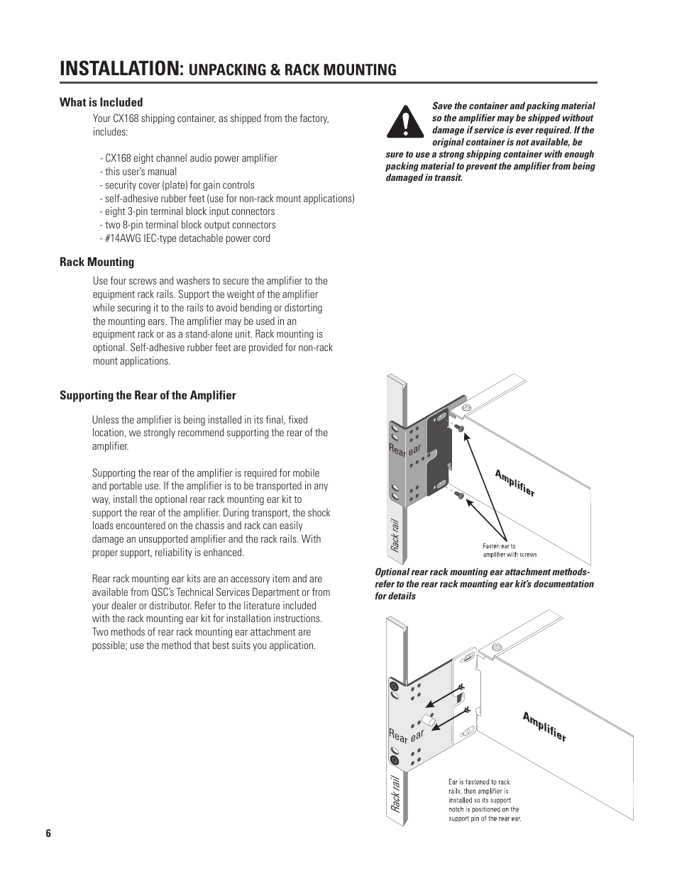 Installation, Unpacking & rack mounting | QSC Audio CX168 User Manual | Page 6 / 36