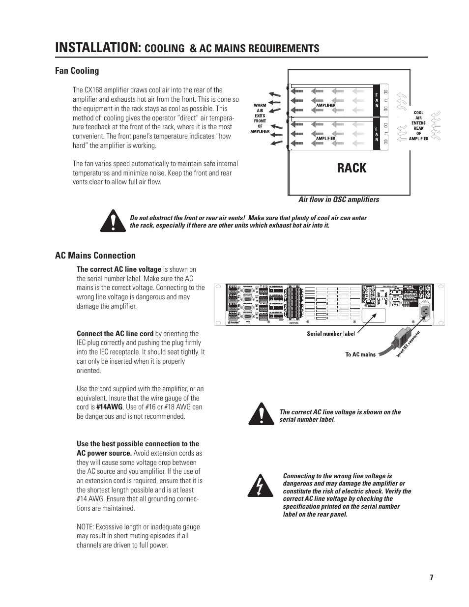 Installation, Cooling & ac mains requirements | QSC Audio CX168 User Manual | Page 7 / 36