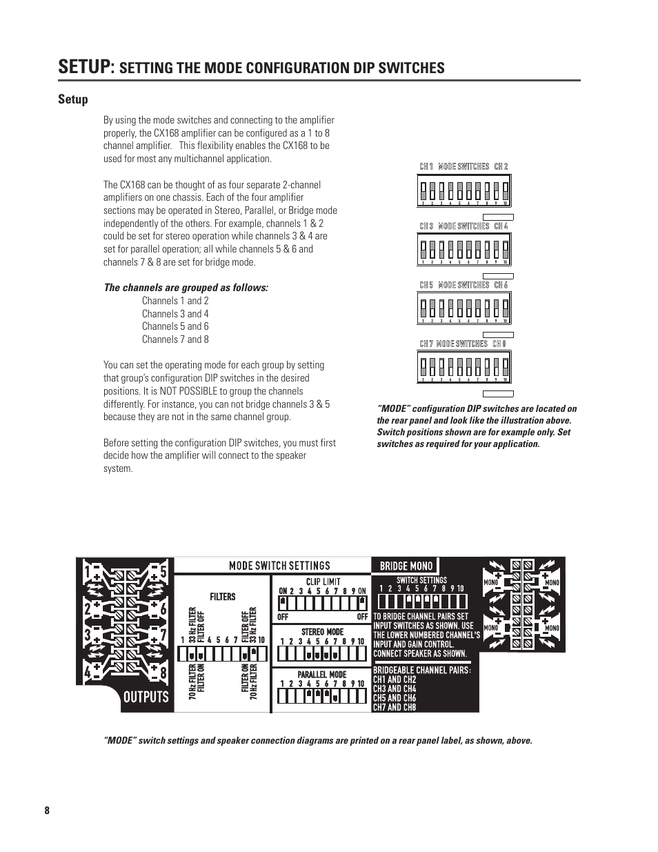 Setup, Setting the mode configuration dip switches | QSC Audio CX168 User Manual | Page 8 / 36