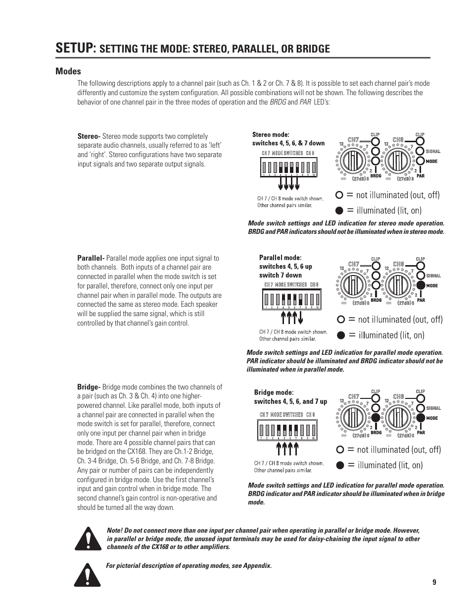 Setup, Setting the mode: stereo, parallel, or bridge | QSC Audio CX168 User Manual | Page 9 / 36