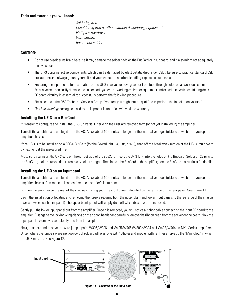 Installing the uf-3 on a buscard, Installing the uf-3 on an input card, Tools and materials you will need | Input card, Figure 11—location of the input card | QSC Audio UF-3 User Manual | Page 10 / 14