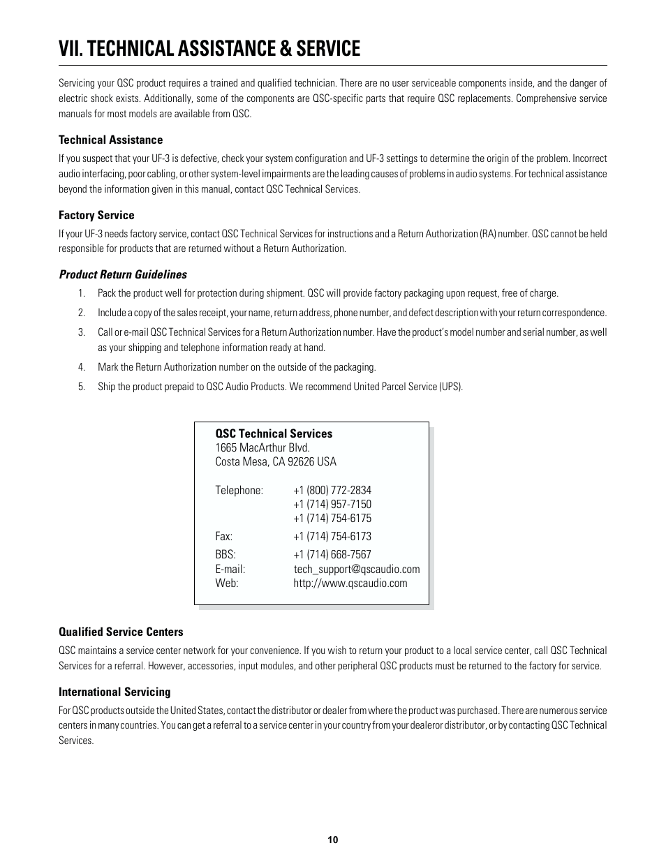 Vii. technical assistance & service | QSC Audio UF-3 User Manual | Page 12 / 14
